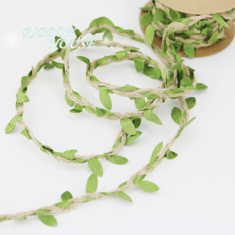 (5 Meters/roll) Leaf Hemp Rope Woven Green Leaves Gardening Home Decoration Ropes Handmade Wreath Decorations Ribbon Wholesale