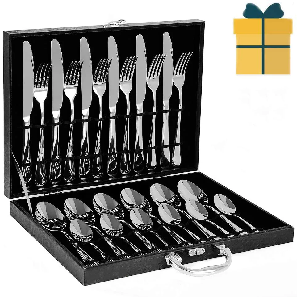 Stainless Steel Flatware Set Cutlery Sets Service For 6 Person With Black Gift Box