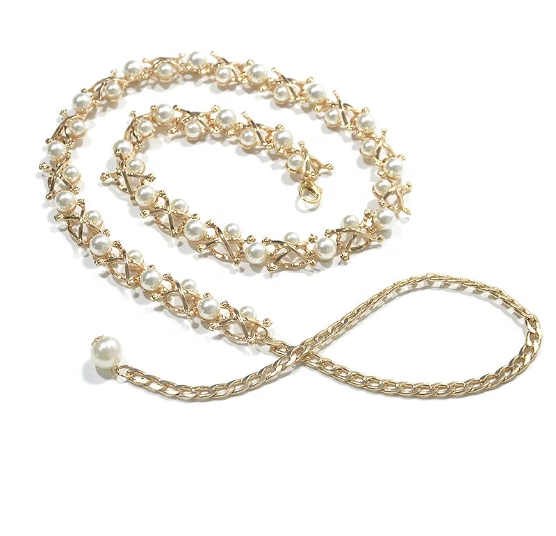Wholesale womens fashion accessories gold plated metal pearls crystal waistchain belt tendencias 2023