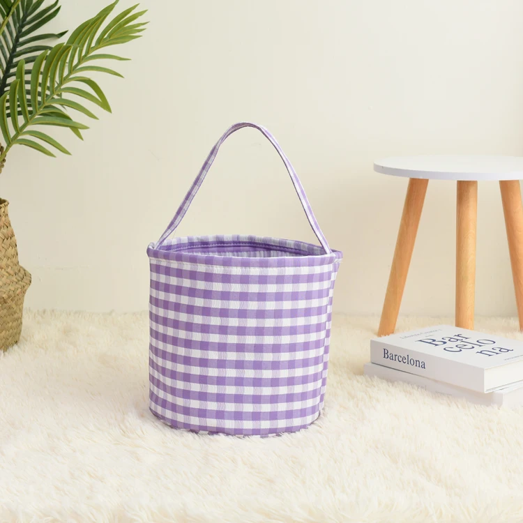 Factory Customized Kids Blue Purple Orange Black Plaid Seersucker Candy Pumpkin Trick or Treat Tote Bag Bucket Halloween Basket