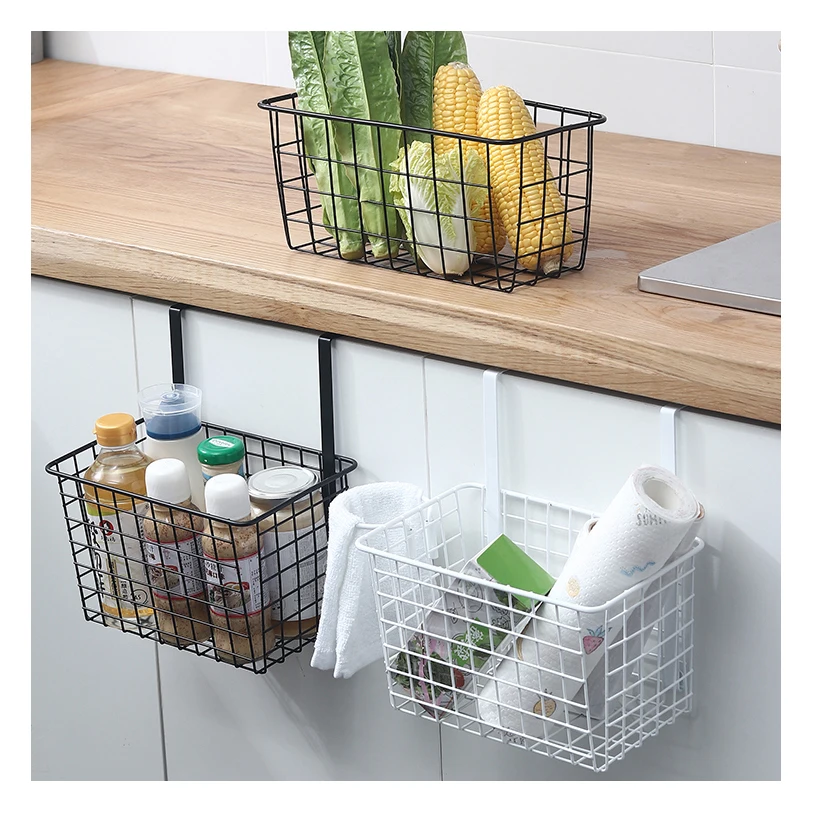 Wholesale Metal Wire Storage Basket Set for Pantry, Kitchen, Bathroom, Over Cabinet Metal Grid Storage Baskets with Hooks Black