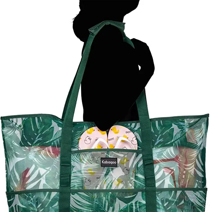 Ruthbag mesh Beach Bag Extra Large Bags with 9 Pockets & Zipper Waterproof Lightweight Beach Tote for Beach/Pool Trip