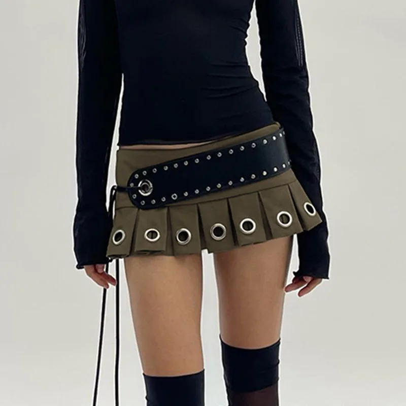 Street trendy metal buckle stitching mini skirt low waist sexy hot girl pleated cargo skirt for women