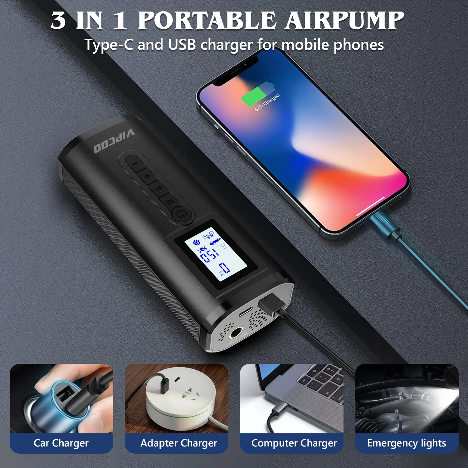 New VIPCOO AP2-P Electric Portable Cordless Tire Inflator Digital Air Pump for Car Tire Abs Tyre Inflators Car Air Compressor