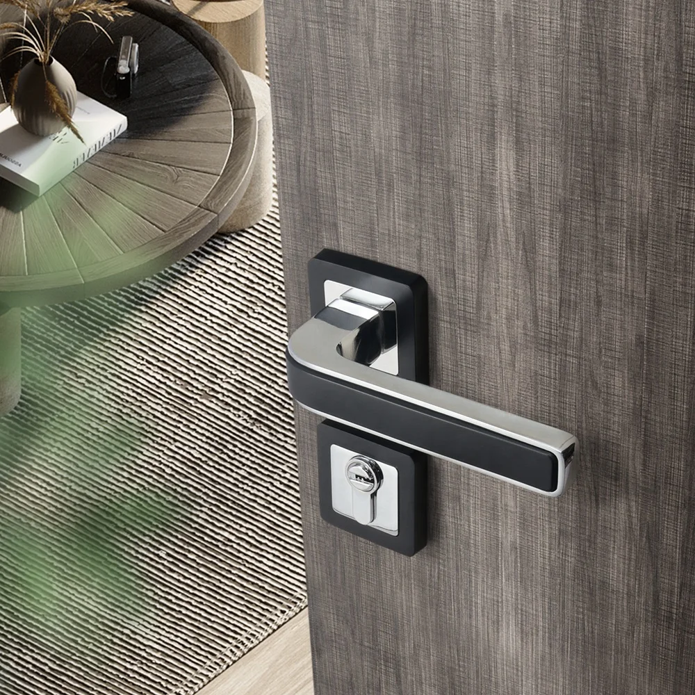 Yonfia A8143R58 matt black chrome aluminium interior door handle modern home bedroom door lock handle set for bathroom door
