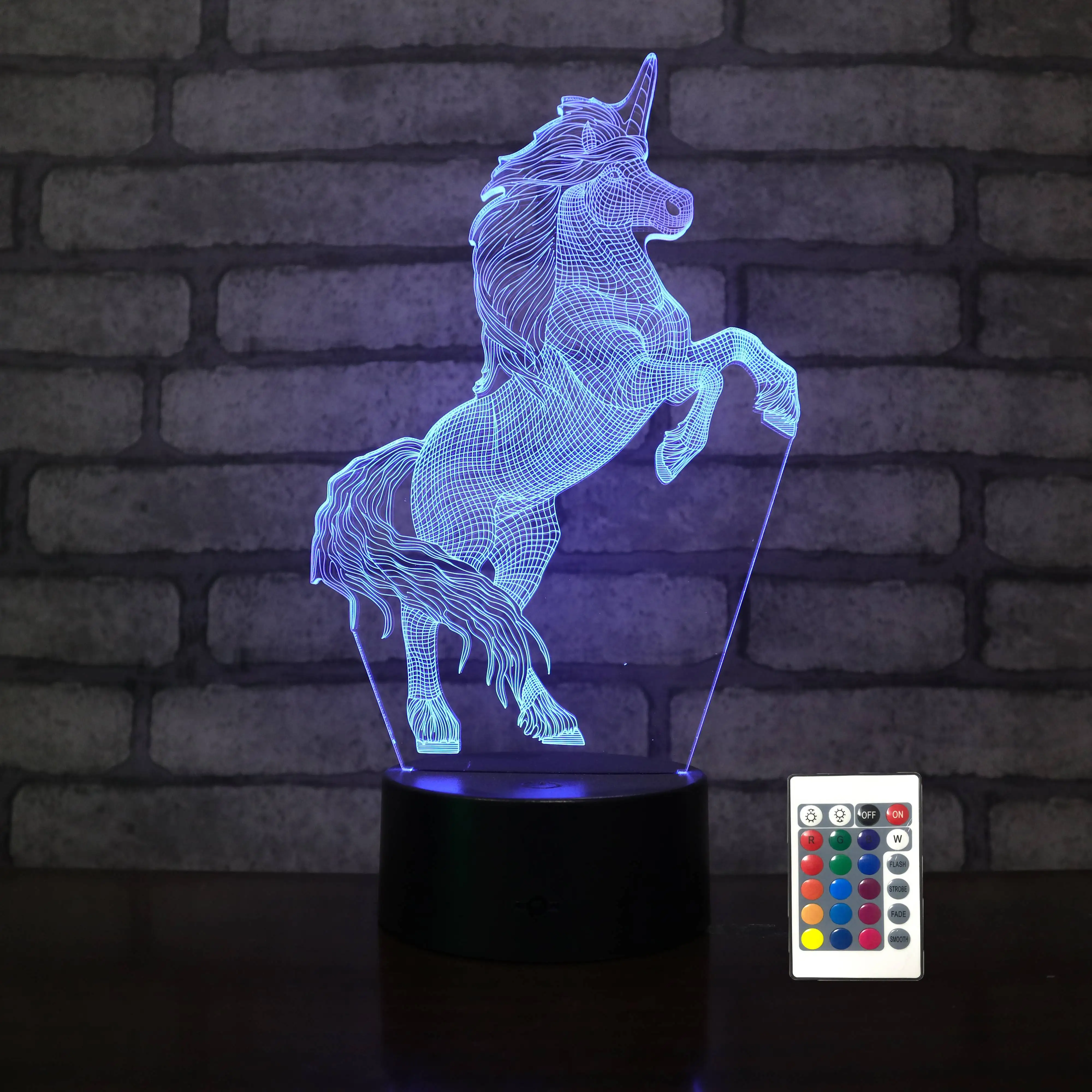 Spray running unicorn modle plexiglass led 3d lamp shadow hologram RGB 16colors night light with battery case and remote