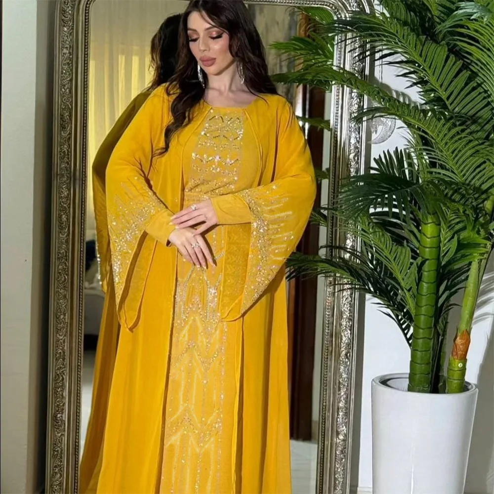 Saudi Arabia Muslim Diamond Luxury Caftan Turkey Abaya Boubou Chiffon Abaya with Belt Morocco Women Afghan Party Wedding Dress