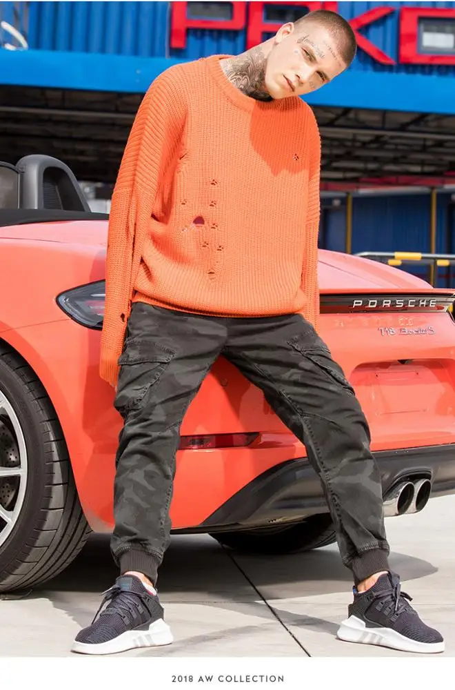  Трикотажный свободный свитер в стиле хип-хоп для мужчин пара большой размер рваный пуловер новейший дизайн свитера