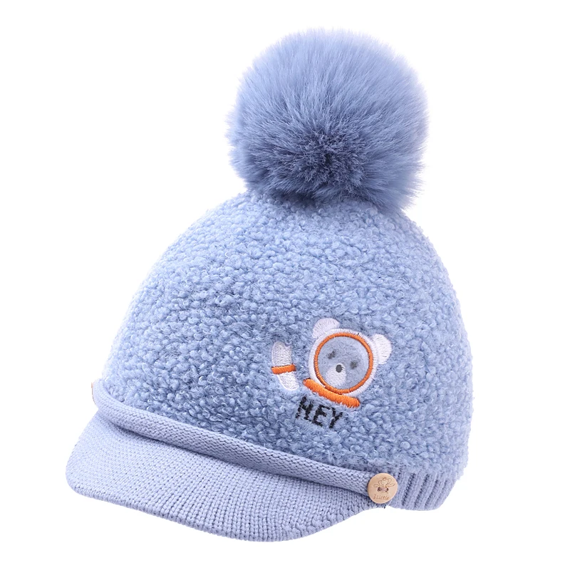 2021 New Design Cute Cartoon Kids Warm Plush Pompom Warm Baseball Cap Set