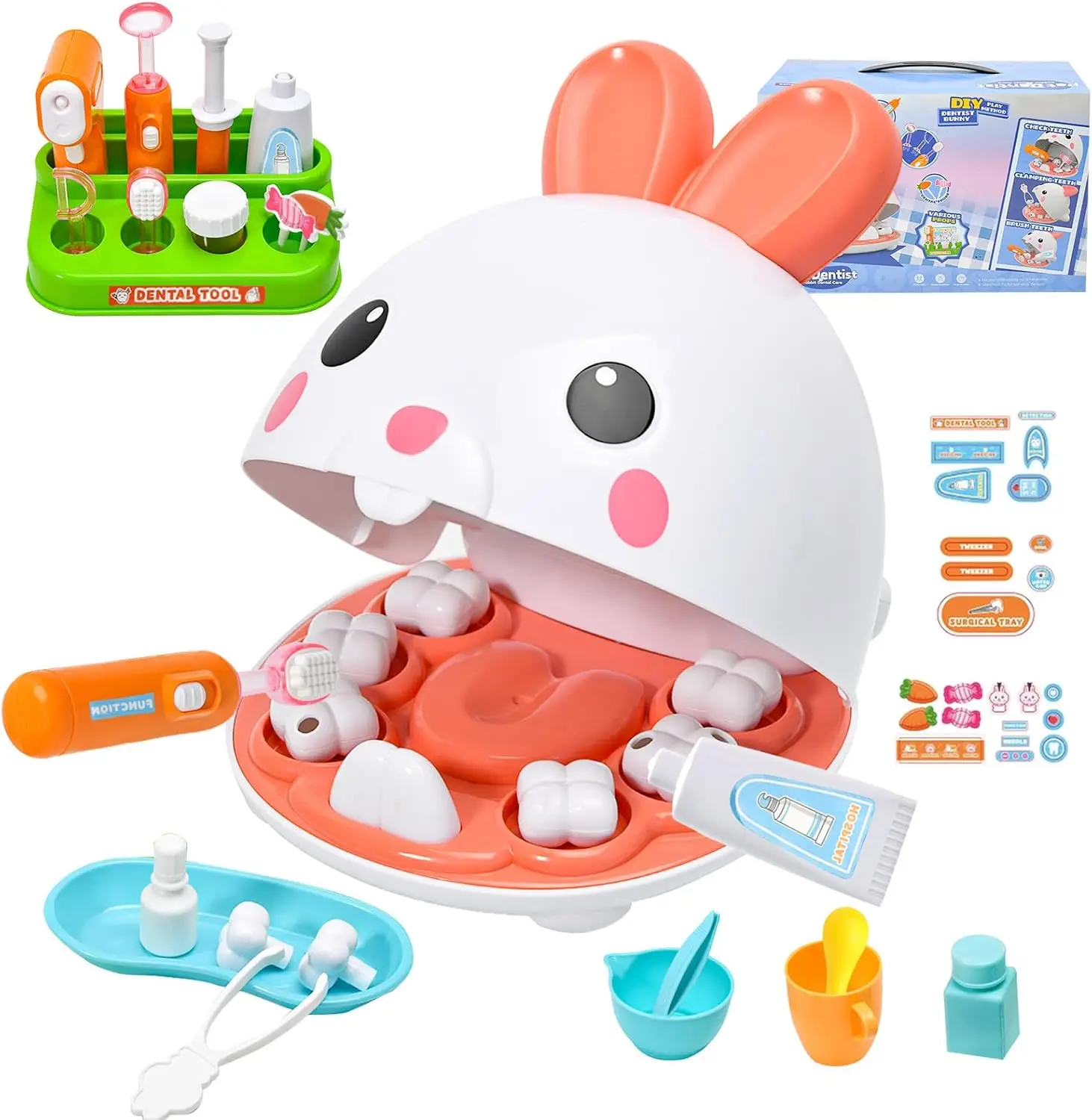 31Pcs Rabbit Dentist Play Set Toy for Toddlers 3-6 Role Play Pretend Doctor Kit Toy Dentist Kit for Kids