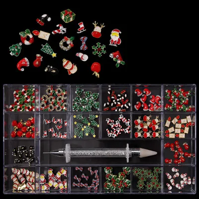 ND1131 Nail Art Designs 24 Grids Christmas Series Metal Tree Snowman Elk Candy Jewelry For