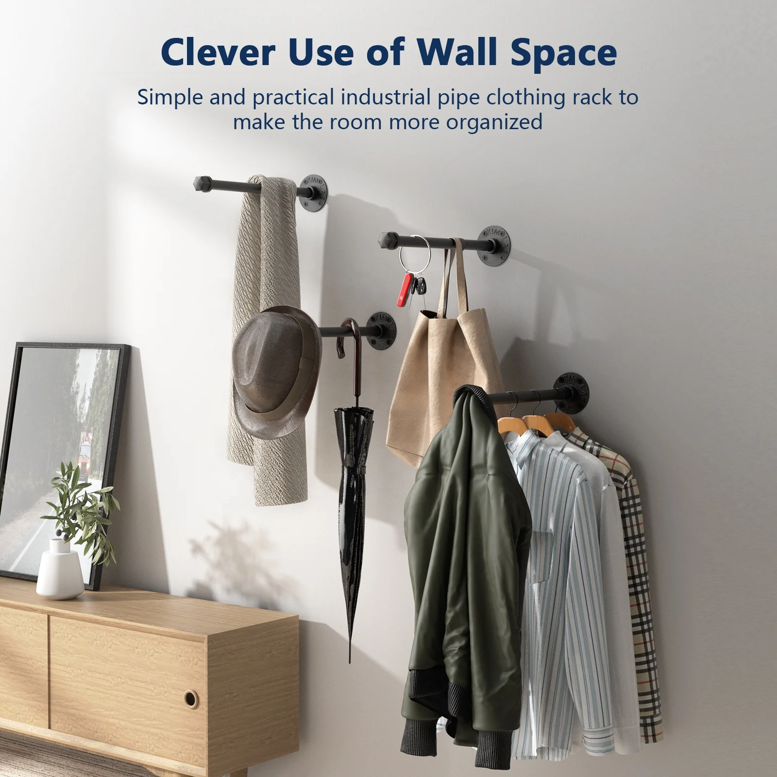 Industrial Rustic Metal Clothes Hangers DIY Black Iron Pipe Shelf Wall Mount brackets with Hooks Garment Rack Wardrobe Storage