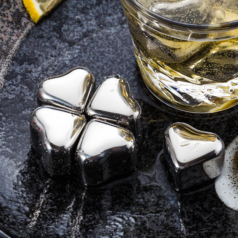 Wholesale Reusable Silver Heart Shaped Whiskey Stone Ice Wine Stone Bar Tools Stainless Steel Whiskey Stones Shunstone Factory