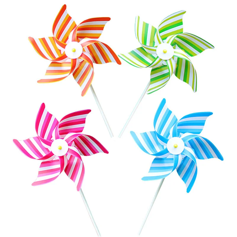 Inexpensive 30cm Hexagonal Striped Plastic Toy Windmill for Outdoor Garden Decoration Gift