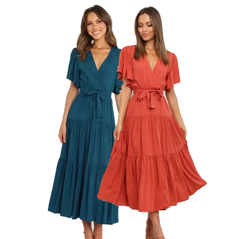 MOTE-ZC828 Fashion v Neck Long Plain Dresses Casual Red Cotton Dresses Summer Women Ladies Short Sleeve Women Long Dress