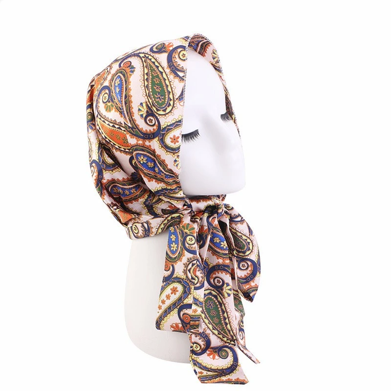 Wholesale Custom Logo Hair Accessories Colorful Pattern Design Silk Satin Headwrap With Strap Turban Head Wrap Turbans For Women