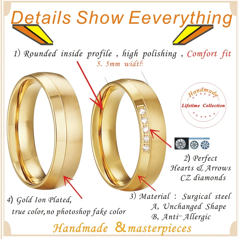 wholesale Custom rounded dome 316l stainless steel ring mens and womens 14k plated wedding gold ring design for couples