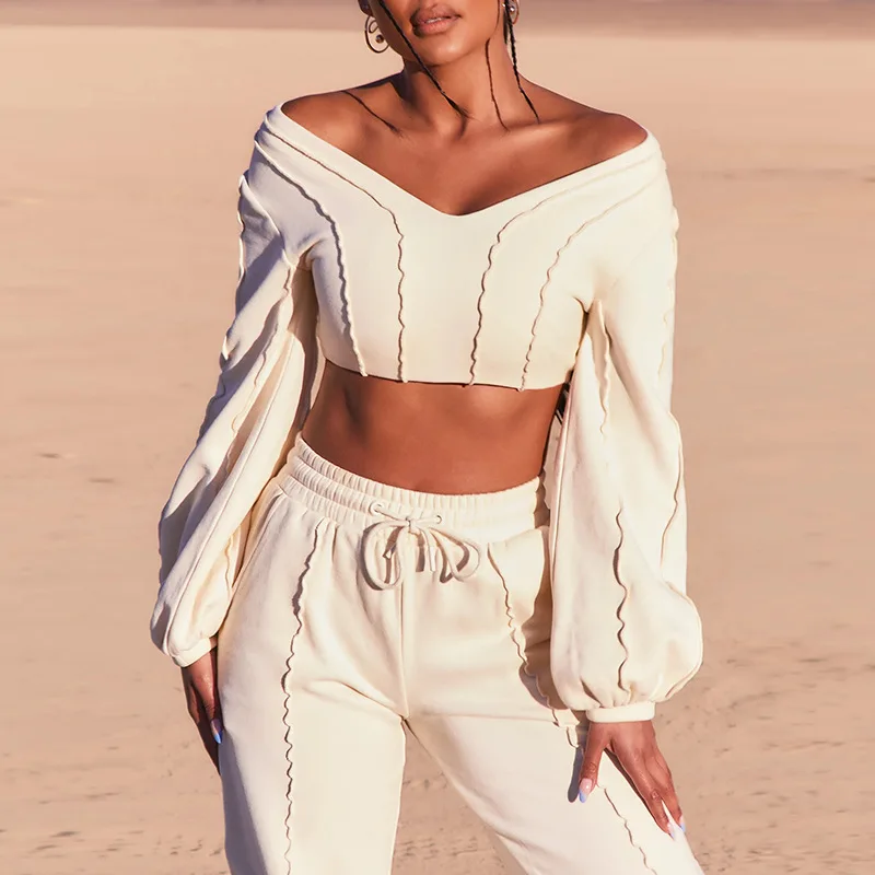 Custom Gym Fitness Women Two Piece Sports Tracksuit Long Sleeve Crop Top And Jogger Pants Set Leisure Wear Sweatsuit Sets