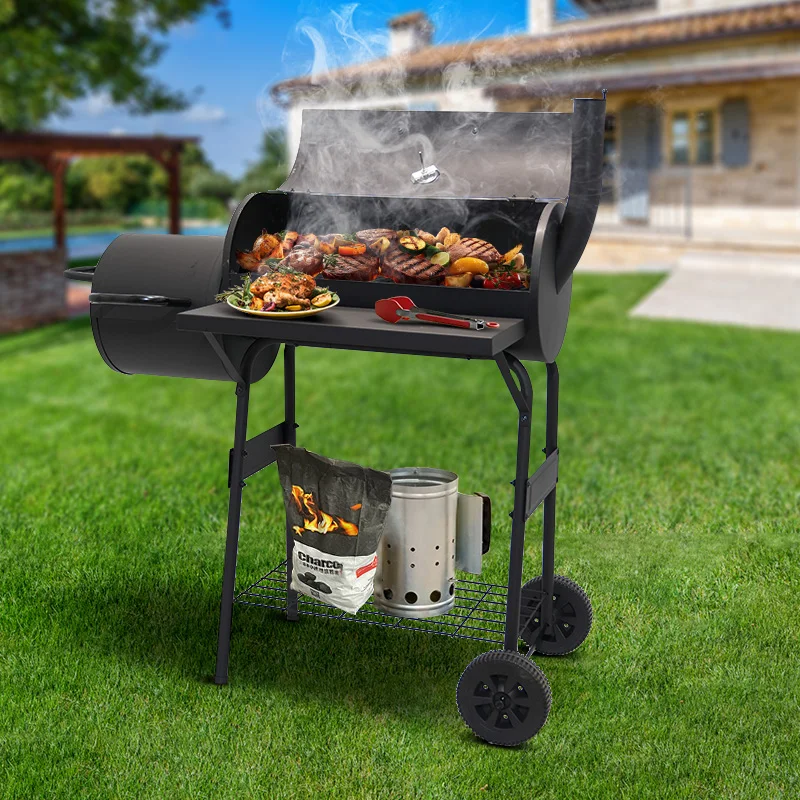 Black Heavy Duty Multi-Function Charcoal Smoker Barbecue Bbq Grill Offset Smoker With Chimney