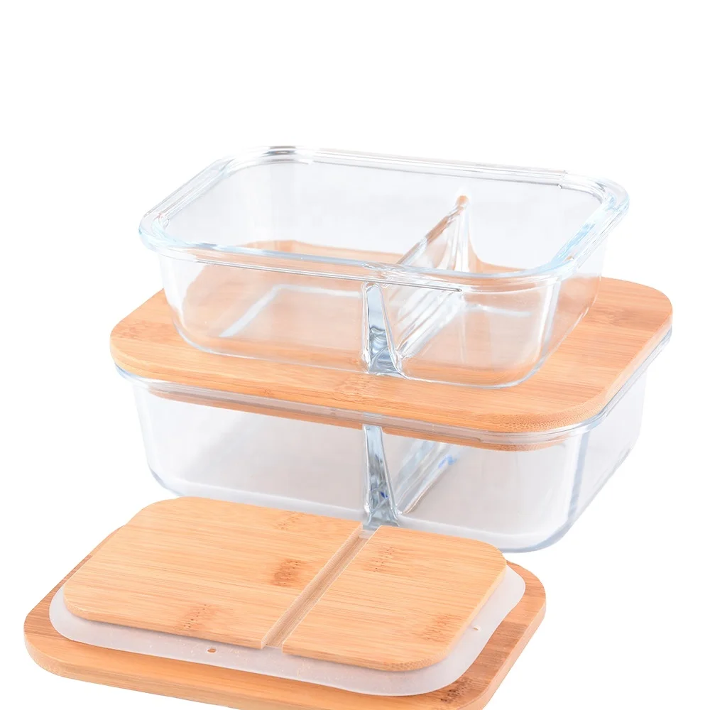 high Borosilicate 2 divider or 3 divider glass food storage container with bamboo lid