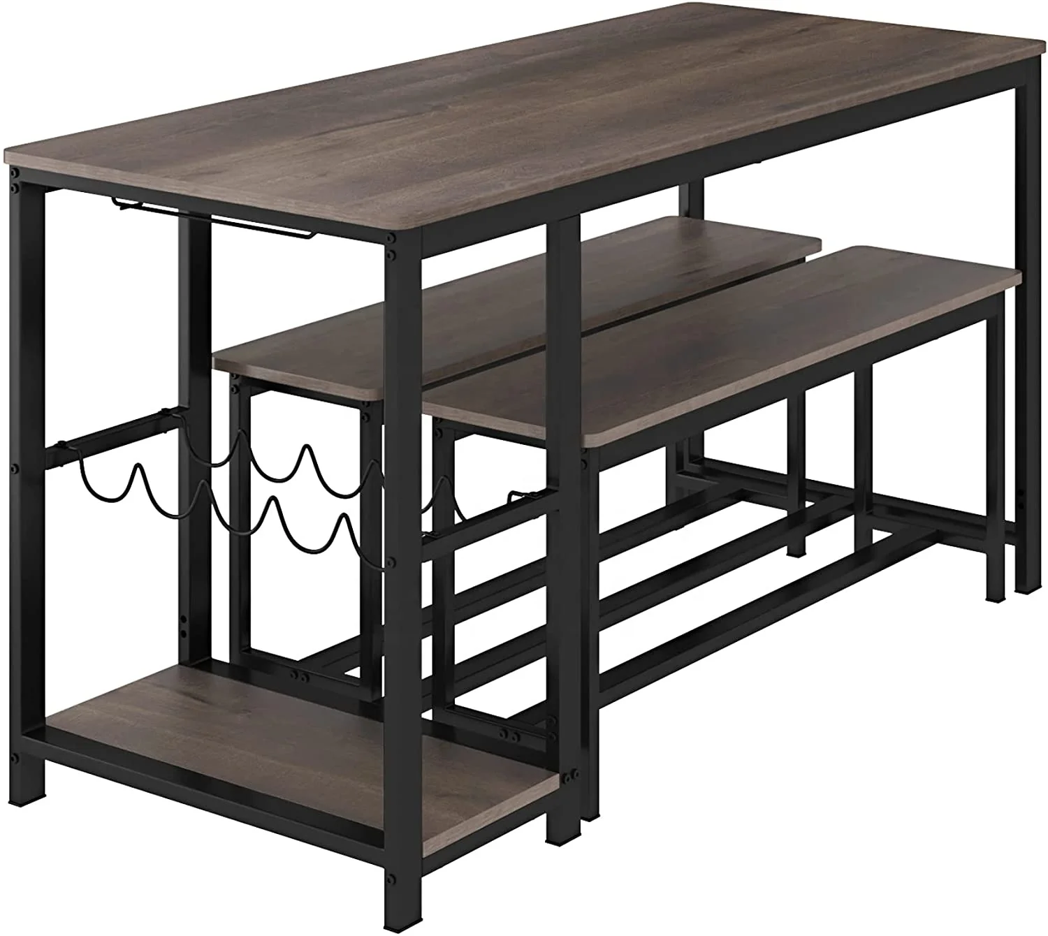 Kitchen Table and Bench for 4 Rustic Wood Dining Room Table Set Breakfast Nook Table with Hooks Wine Rack and Glass Holder