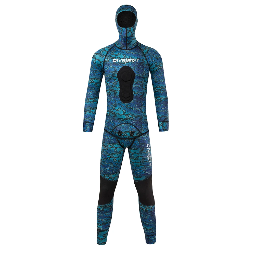DIVESTAR Custom Blue Camo Long Sleeve Two-Piece Neoprene Open Cell Wetsuit 2mm 3mm 5mm for Unisex Adult Spearfishing Hoodie
