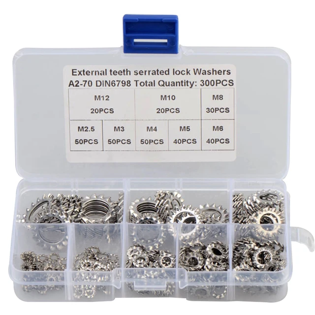 300pcs m2.5-m12 cross border trade specialized for 304 stainless steel outer serrated lock washer combination set