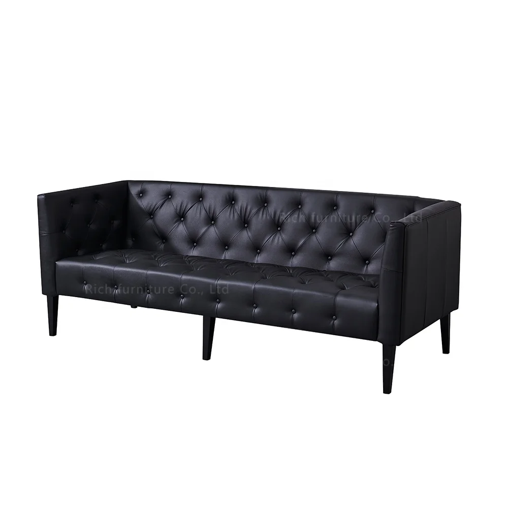 Classic Black Tufed Retro Couch Hotel Leather PU Sofa for Living Room