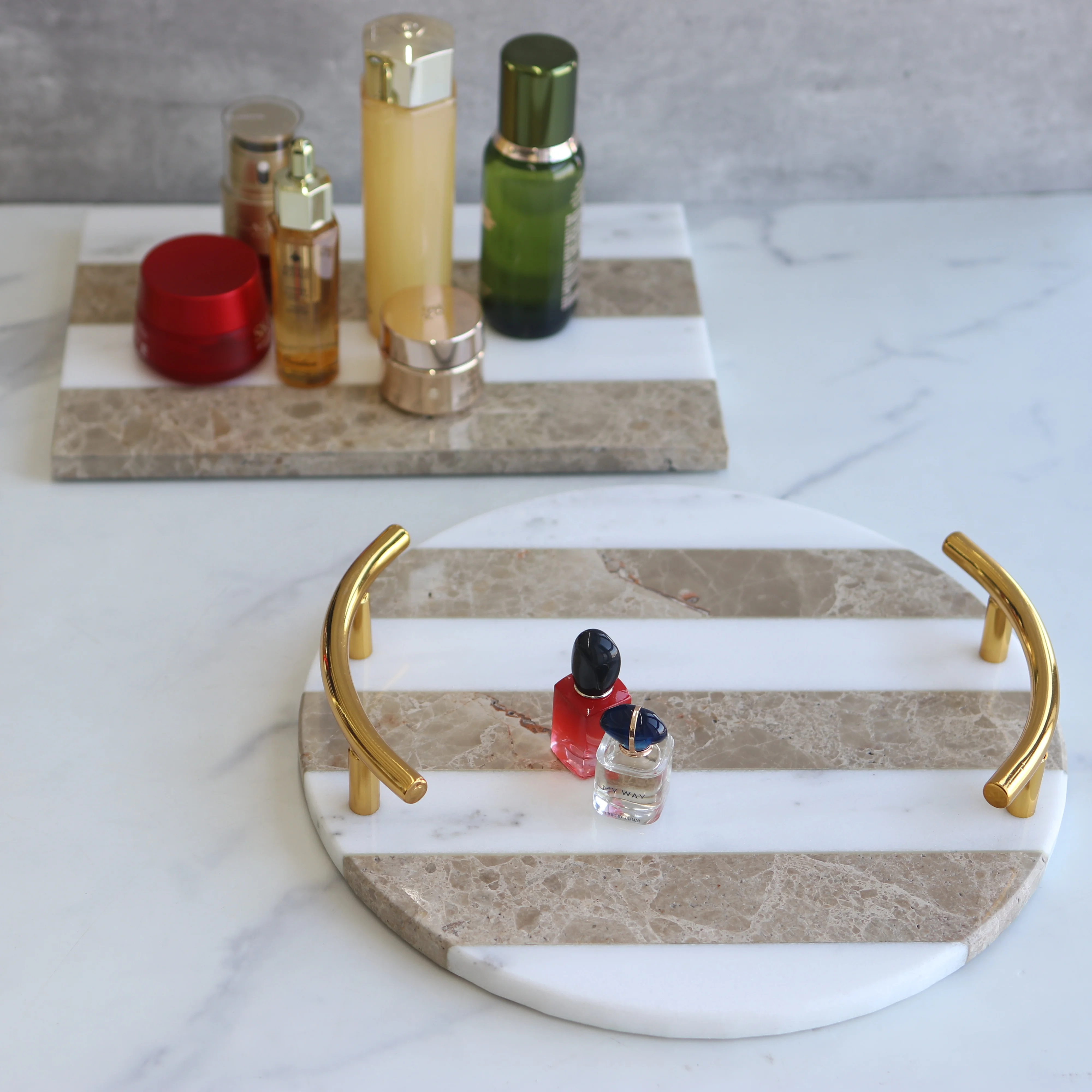 New design gold handles round hotel bathroom luxurious white gray stripe customize deco marble tray premium