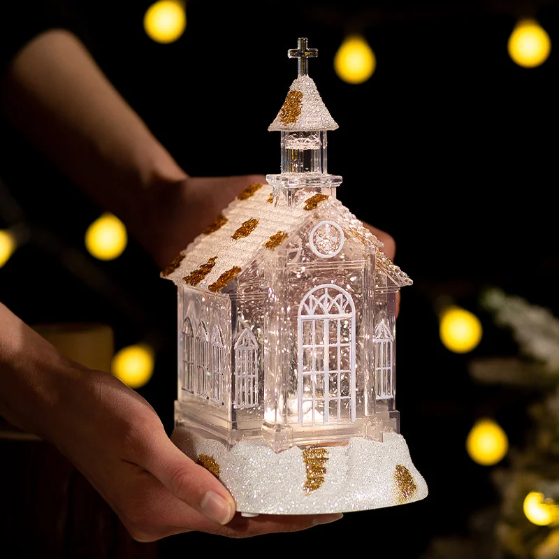 2025 New Product Christmas Acrylic Church Lamp Ornament Musical Christmas Gifts Lighted Snow Water Lantern