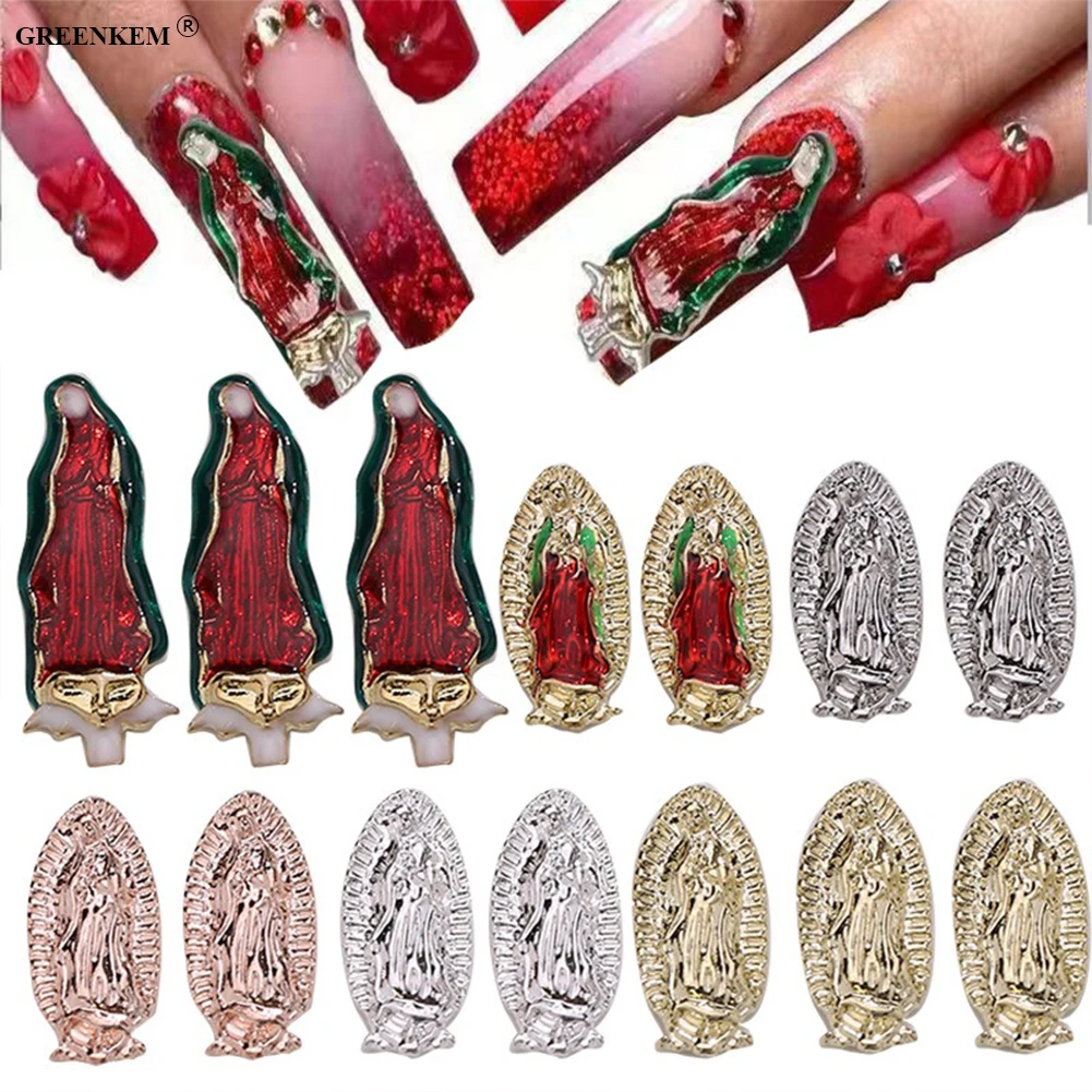 3D Nail Charms Metal Alloy Newest Painting DIY Gold Rose Gemstone Luxury Nail Decoration Virgin Mary Nail Charms
