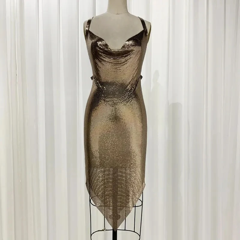 Hot sale Sleeveless Shiny Fashion Customized Metallic Evening Dress Aluminum Metal Mesh Chainmail Party Club Hip Mini Sexy Dress
