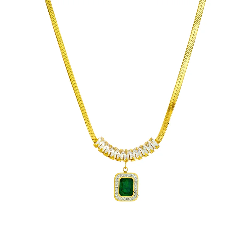 Classic Style Emerald Square Zircon Pendant Necklace Earring & Bracelet Set Gold Plated Stainless Steel for Parties or Gifts