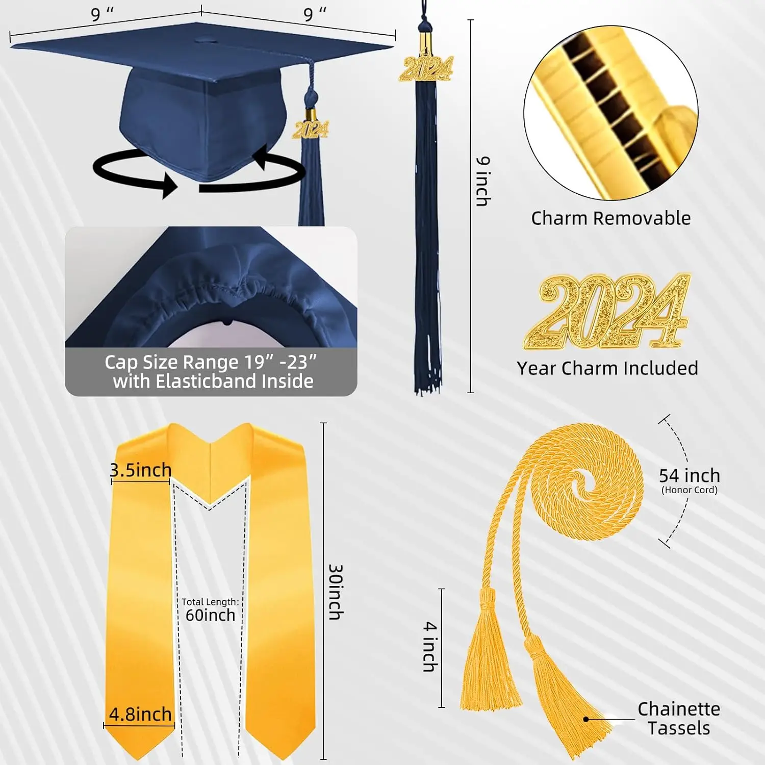 Wholesale 4 Pcs 2025 Unisex Bachelor Graduation Matte Gown Cap Tassel Stole Set Honor Cord 2024 Charm for Graduation