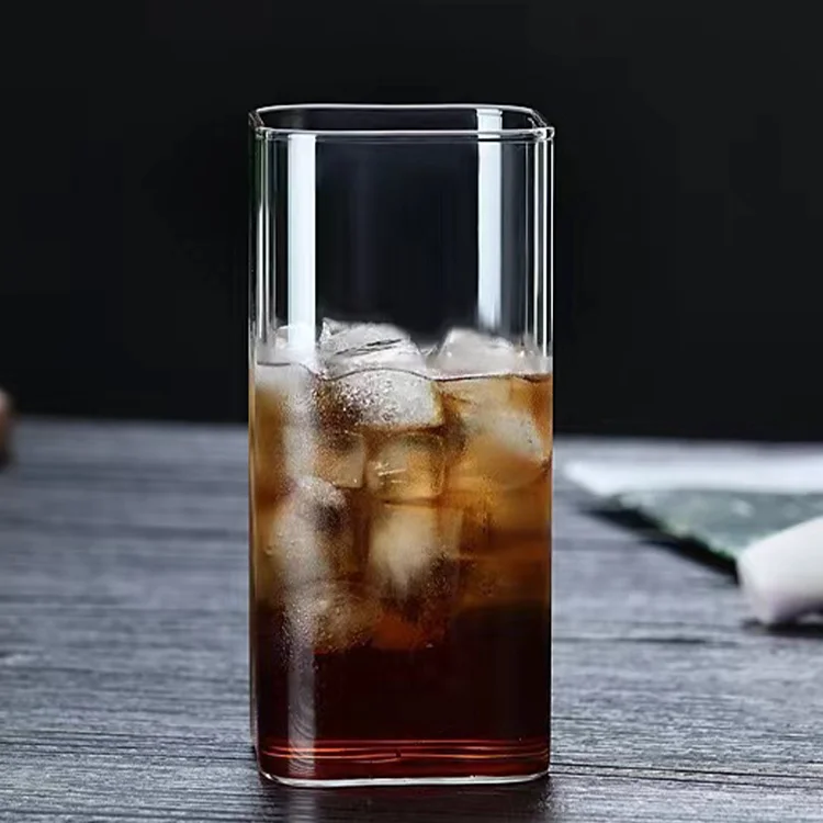 16oz transparent clear square shape glass cup high borosilicate cold hot water milk dessert cup thin glass