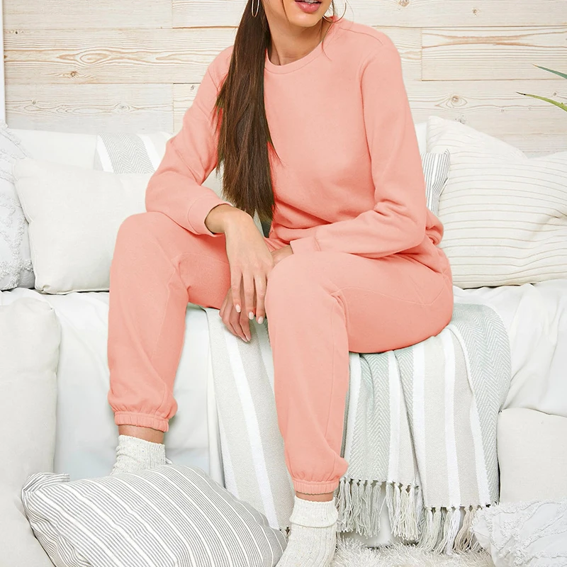 
Custom Logo Women Casual Pink Jogging Sweatsuit Solid Crewneck Pullover Drawstring Sweatpants Set 