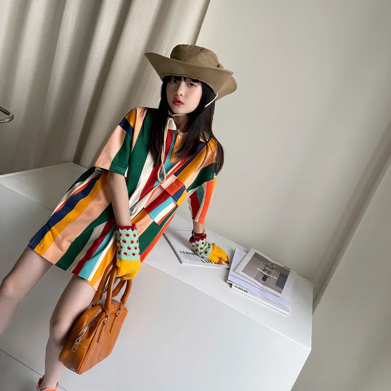 2022 New Fashion Children Girl Colorful Striped Sport Casual Dress 5-15 Years
