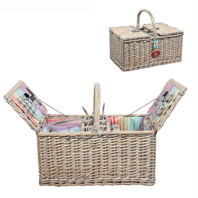 ZHIQUAN rainbow handle insulated wicker willow rattan picnic hamper picnic basket sets 4 person with wine holder