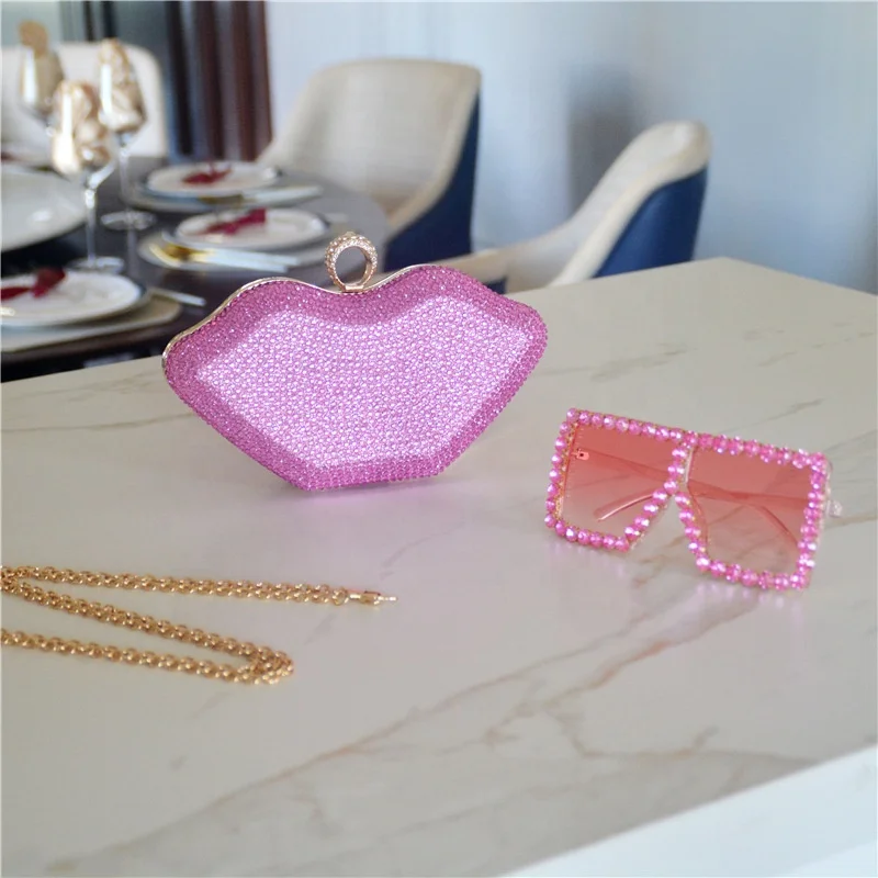 Sexy Lip Shape Ladies Clutch Crystal Evening Bag Bridal Purse Handbags Clutches And Evening Bags Ladies With Sunglasses Set 2021