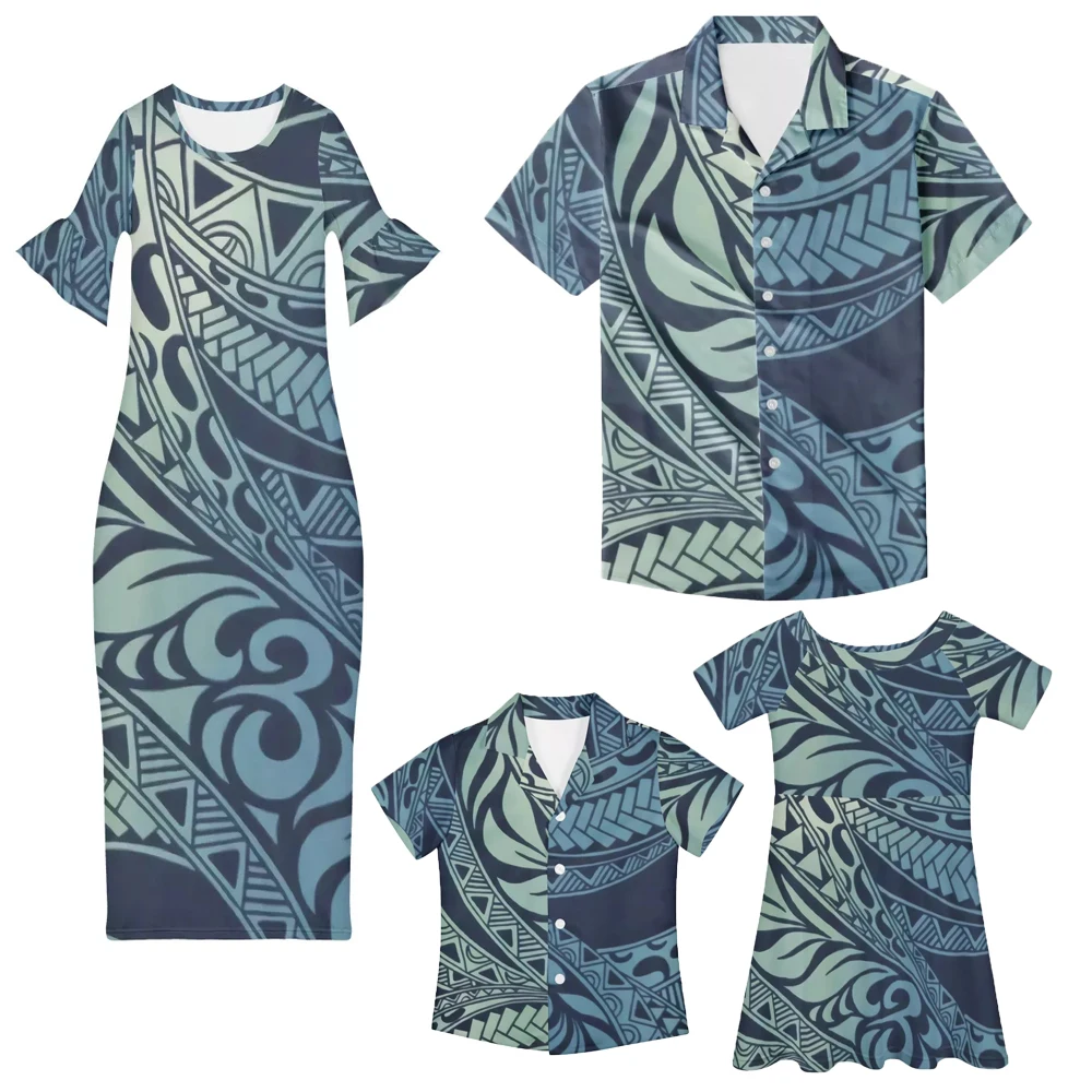 
parent-child outfit Polynesian Printed Summer Short Sleeve Mommy Dress And Me Shirts Family Matching Clothing wholesale 