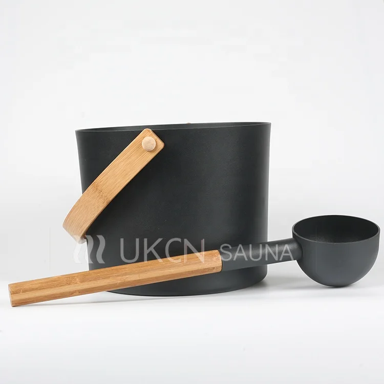 Aluminium Sauna bucket with bamboo handle, metal bucket with wooden handle