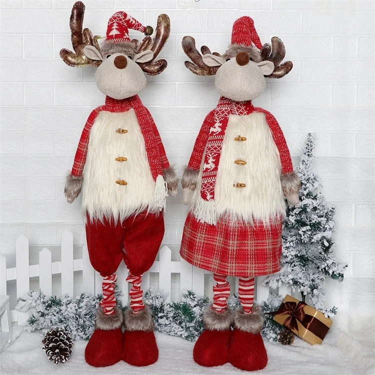 37 inch Nordic Style Red and White Christmas Decoration Plush Reindeer Doll with Telescopic Legs
