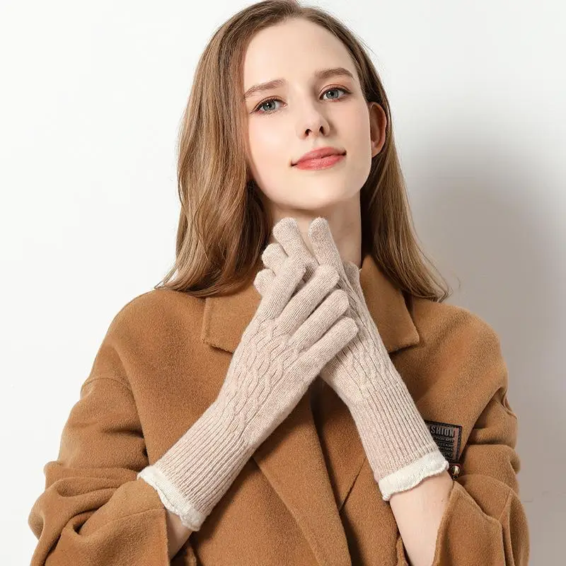 100% мериносовая шерсть Пользовательский логотип теплые женские зимние вязаные перчатки Роскошные вязаные шерстяные перчатки