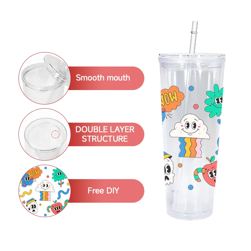 USA Warehouse Plastic Snow Globe Acrylic Drinking Cups 24oz Double Wall Clear Pre-Drilled Tumbler with Lid and Straw