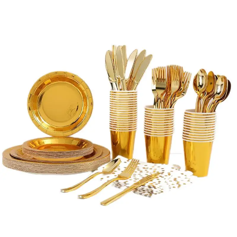 Popular Printed Color Gold Disposable Happy Birthday Party Paper Food Events Decoration Plates Dinnerware Supplies Kits