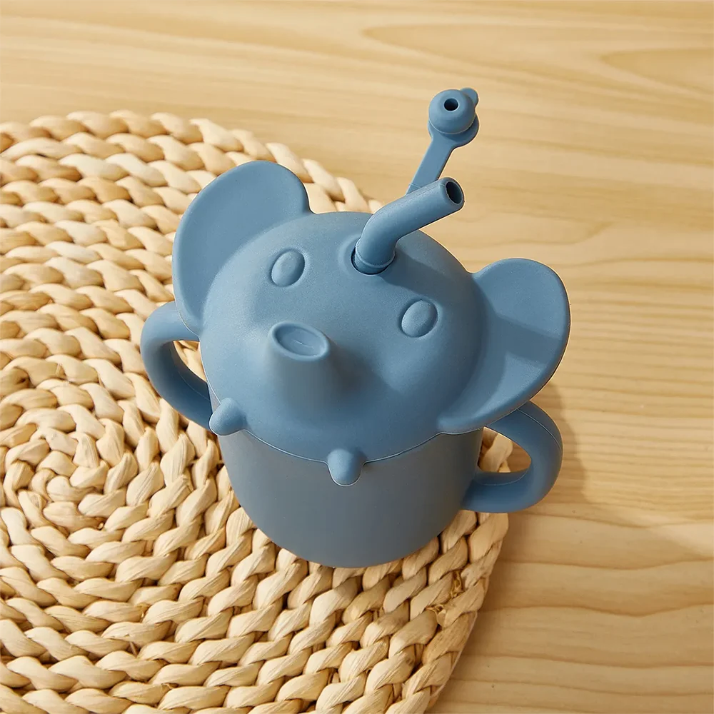 Cute Elephant Shape Baby Water Bottles Food Grade Silicone Kids Water Cups with Straw
