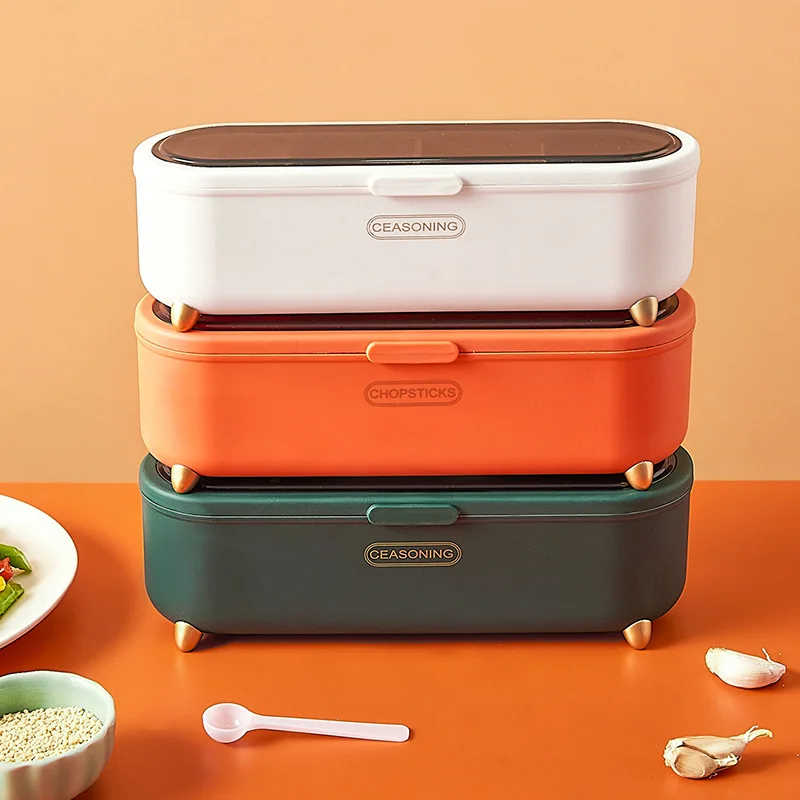 Modern Kitchen Accessories 4 Grids Condiments Spices Seasoning Container Organizer Box with spoon