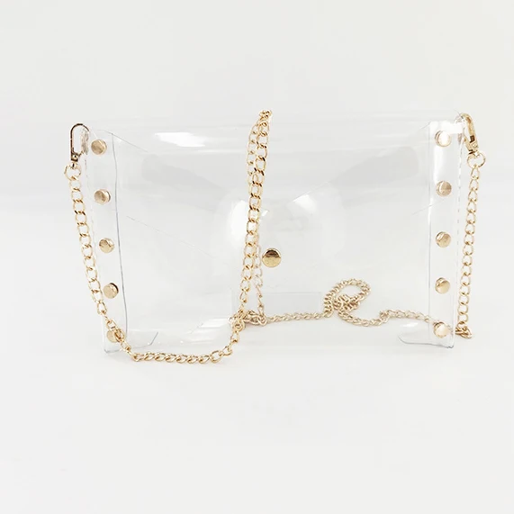 Game Day Stadium Approved Transparent Handbag Concert Purse Golden Chain  Strap Rivet PVC Clear Crossbody Bag