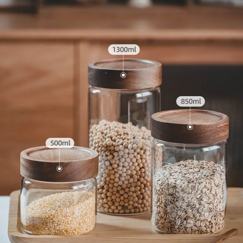 Food grade Multiple Specifications Handmade Square Borosilicate Glass Spice Sugar Spaghetti Storage Jar With Acacia Wooden Lid