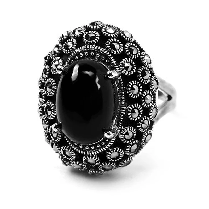 RKP-0995 Sterling Silver Marcasite Rings 925 Elegant Ring with Big Black